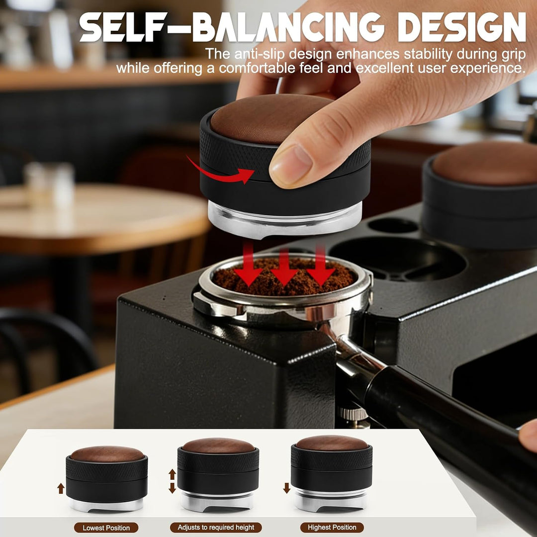 Kaffeetamper Set 58mm Edelstahl mit Echtholz-Griff - Profi Espresso Tamper & Höhenverstellbarer Kaff