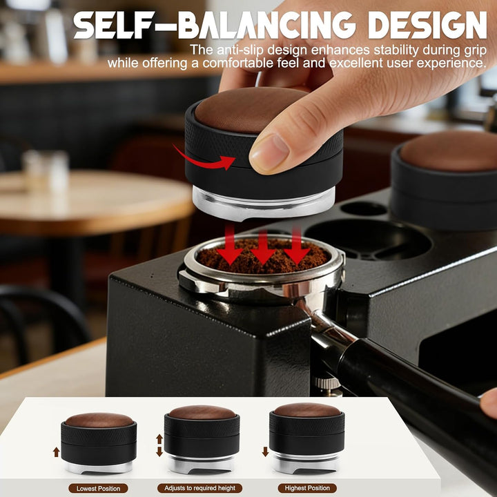 Kaffeetamper Set 58mm Edelstahl mit Echtholz-Griff - Profi Espresso Tamper & Höhenverstellbarer Kaff