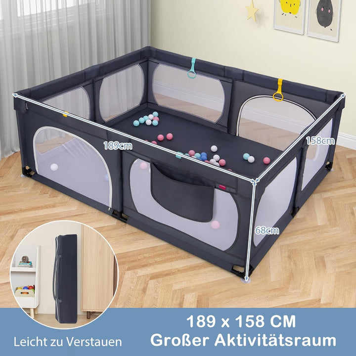 DREAMADE Laufstall Baby, 189 x 158 cm Laufgitter mit 4 Zugringen & 50 Ocean Bällen & Tragetasche, Gr