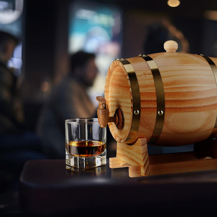 Relaxdays Schnapsfass, 2,2 l, Holz, Whiskyfass mit Bock & Zapfhahn, für Whisky, Wein, Spirituosen, D