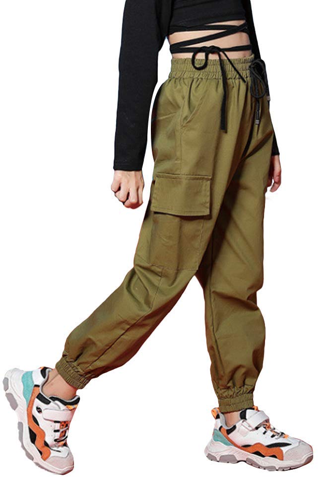Kinder Cargo Hose Elastische Taille Jogger Hose für Jungen Mädchen Street Hip Hop Armee-grün 122-128