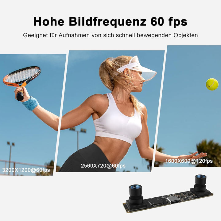 1200P Global Shutter USB-Kameramodul mit Sync Dual Lens, Hoher Bildfrequenz 120fps/60fps, 94 Grad, I