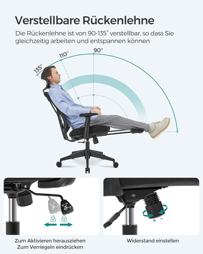 SONGMICS Bürostuhl mit Fussstütze, Ergonomischer Schreibtischstuhl mit Lordosenstütze, verstellbare