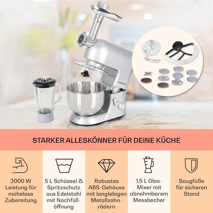 Klarstein Knetmaschine Küchenmaschine mit Fleischwolf, 1800W Teigmaschine Klein, 6 Stufen, Schneebes