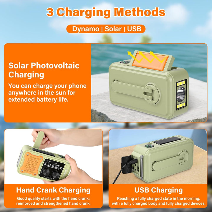 Heemol 7-in-1 Notfall Radio AM/FM/WB, 2000mAh Kurbelradio mit Solar, Tragbares Handkurbel Radio mit