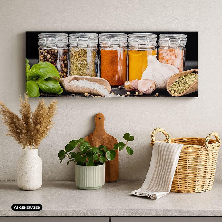 Wandbilder Dekoration Wohnzimmer Gewürze Knoblauch Holz Salz Panorama Bilder auf Leinwand 120x50cm L