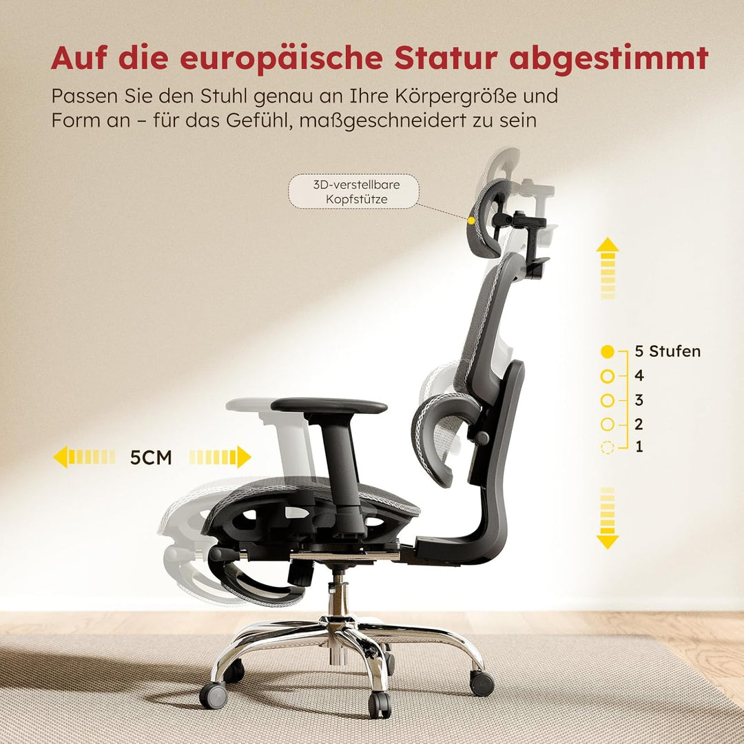 Ergonomischer Bürostuhl Voll-Mesh mit Abnehmbarem Kissen, Fussstütze, Höhenverstellbarem Rückenlehne