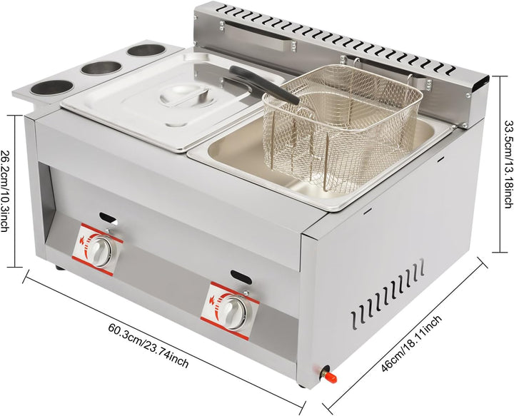 Gasfritteuse, 60.3x46x33.5cm Gewerbliche Doppeltank Edelstahl Profi Gastro Fritteuse mit Filterkörbe