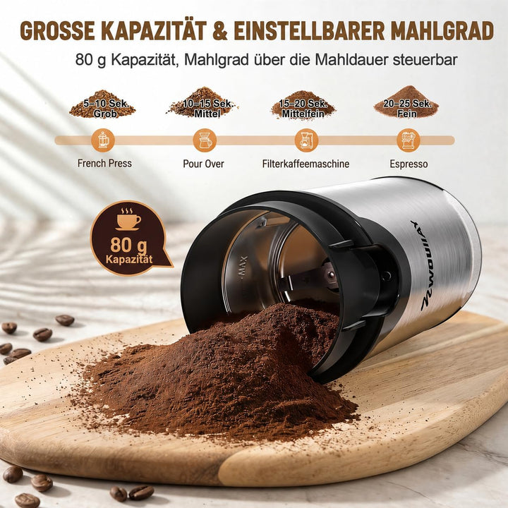 Kaffeemühle 300W Kaffeemühle Elektrisch und Gewürzkapazität bis zu 80 g Kaffeebohnen Klingen aus ros