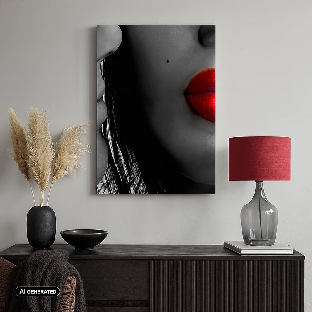 Bilder auf Leinwand 55x100cm Leinwandbild mit Rahmen Rote Lippen dunkles Haar Modell Liebe Gross Wan