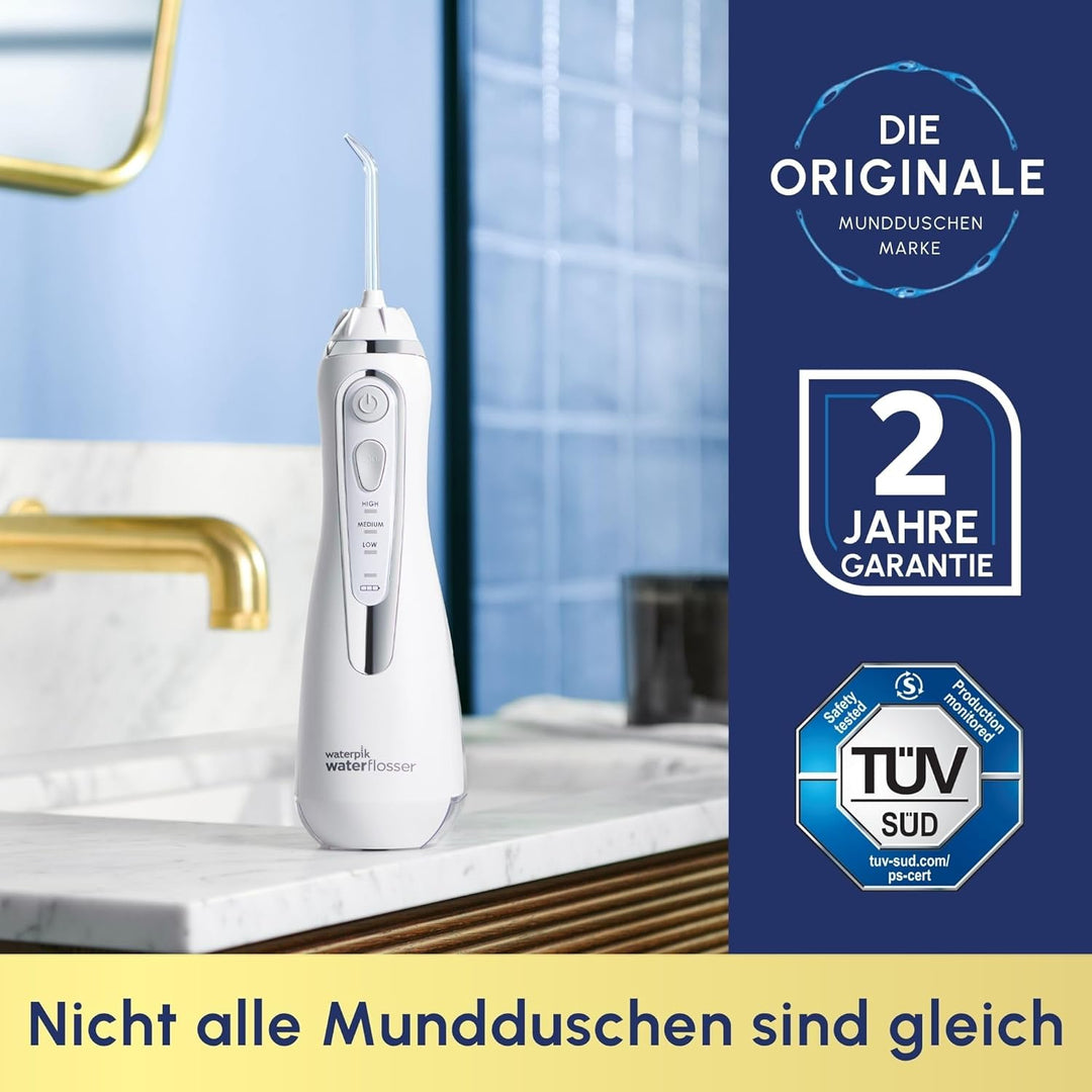 Waterpik Kabellose Munddusche Advanced, 4 Aufsätze, 3,1-5,2 bar Druckbereich, 3 Druckeinstellungen,