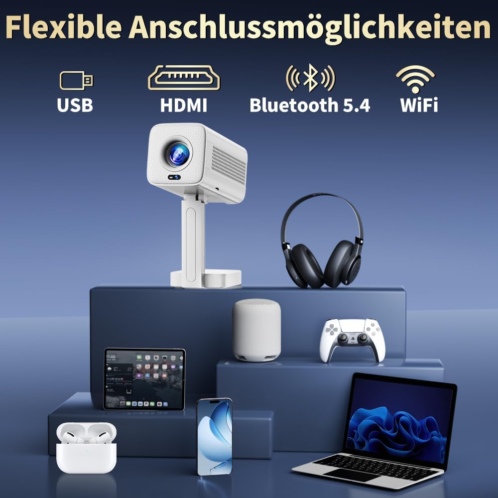 Mini Beamer Unterstützt 4K Full HD 1080P, Smart Beamer mit Auto Fokus & Keystone und 90° Drehbarkeit