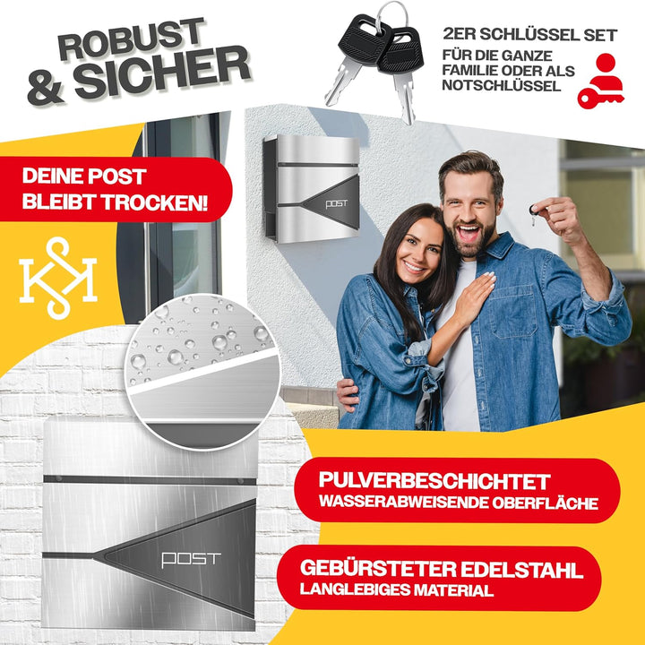 KESSER® Briefkasten mit Zeitungsfach Wandmontage Wandbriefkasten Edelstahl, 2X Schlüssel abschliessb