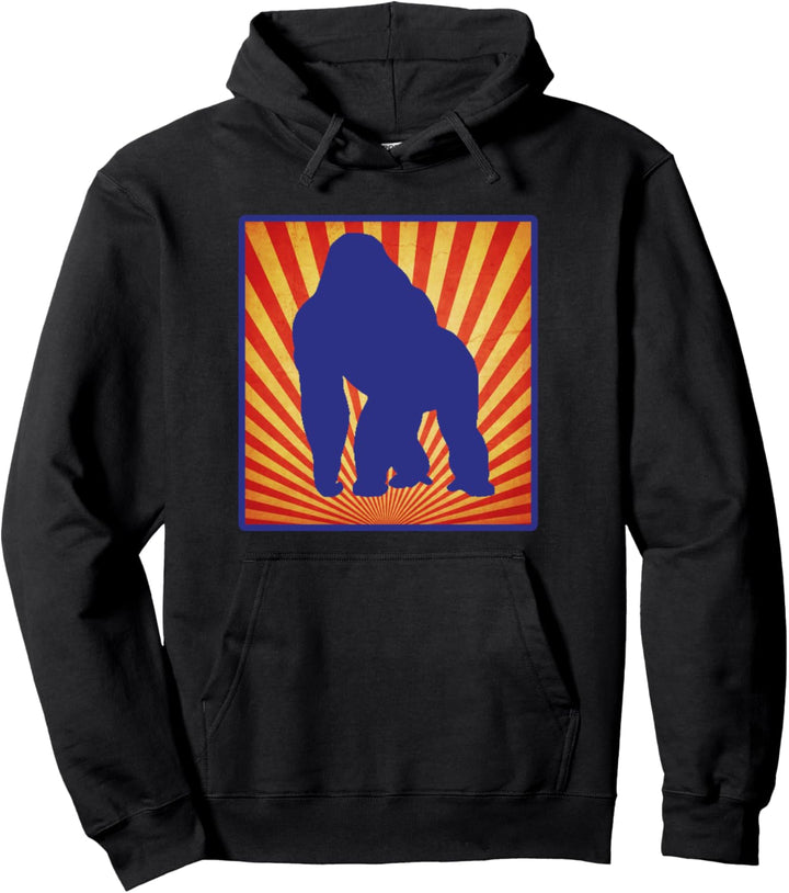 Silberrücken Gorilla Silhouette auf Retro Sunburst Design Pullover Hoodie