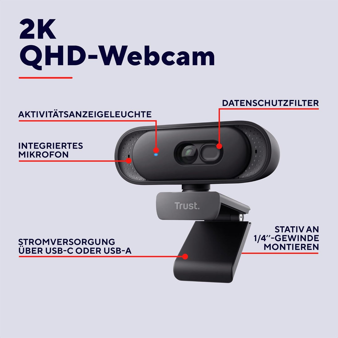 Trust Ovala 2K QHD Webcam mit Mikrofon und Blickschutzfilter, 75° Sichtfeld, USB-C/USB-A, Fester Fok