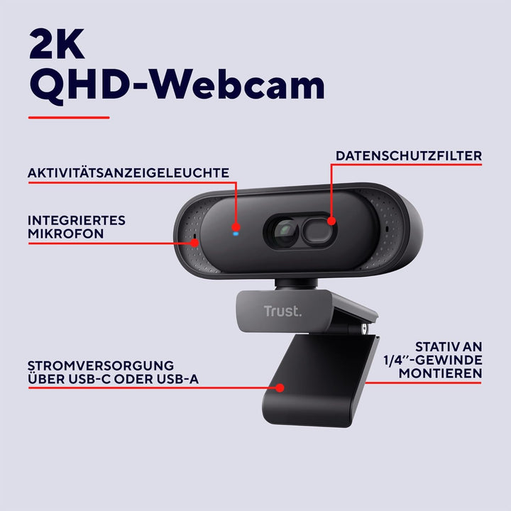 Trust Ovala 2K QHD Webcam mit Mikrofon und Blickschutzfilter, 75° Sichtfeld, USB-C/USB-A, Fester Fok