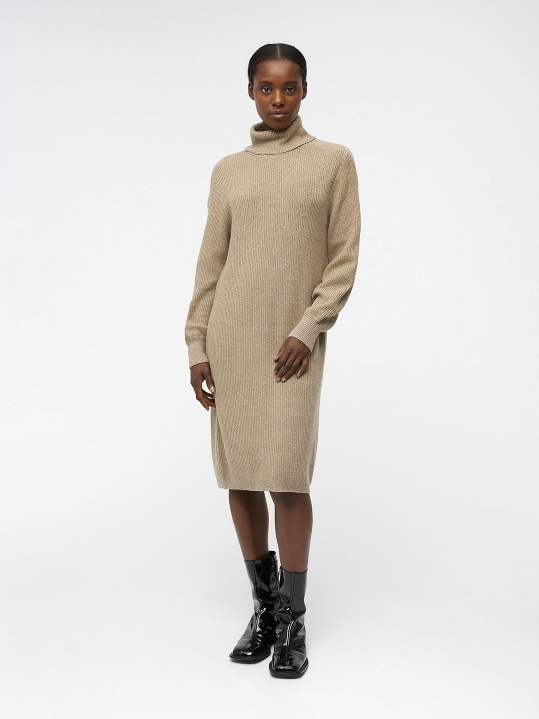 Object Damen Objmalena L/S Roll Neck Dress Noos Kleid XS Fossil/Detail:melange, XS Fossil/Detail:mel