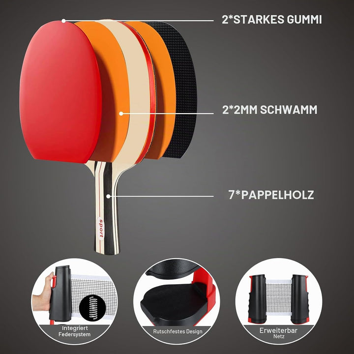 Tischtennisschläger Set,2 Schläger,6 Bälle,Einziehbares Tischtennisnetz und Tragetasche,Mobiles Tisc