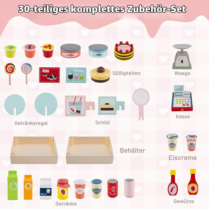 HOMASIS Kaufladen Kaufmannsladen Holz mit 30 Spielzubehör, Verkaufsstand Supermarkt-Set mit 3 Rädern