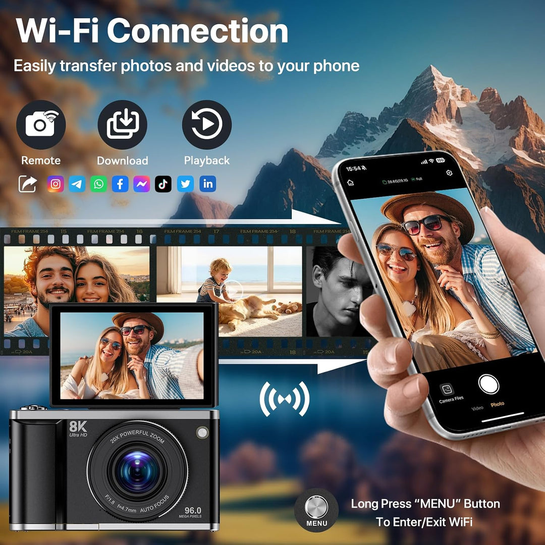 Digitalkamera 8K 96MP mit WLAN, 20X Digitalzoom, Autofokus-Fotokamera mit Anti-Shake, 3,5'' 180° Kla