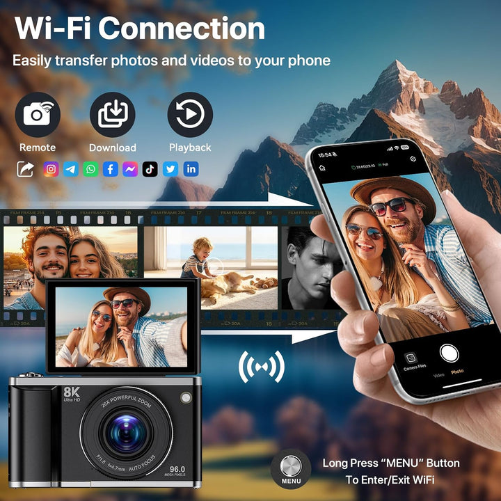 Digitalkamera 8K 96MP mit WLAN, 20X Digitalzoom, Autofokus-Fotokamera mit Anti-Shake, 3,5'' 180° Kla