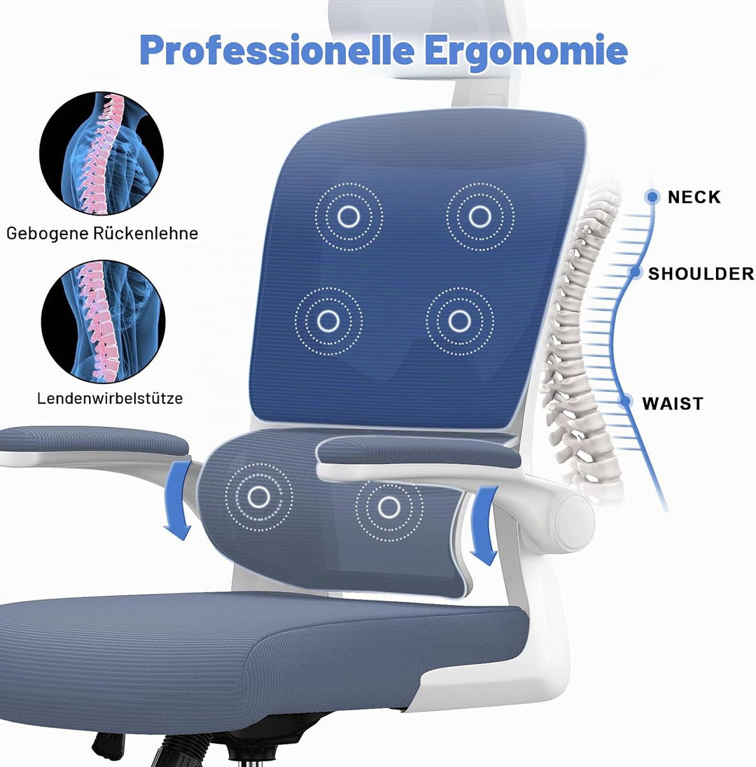 naspaluro Bürostuhl, Bürostuhl Ergonomisch mit Verstellbarer Kopfstütze, Armlehnen, Dynamischer Lord
