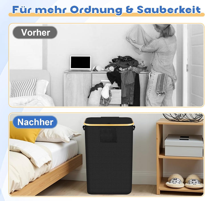 150L Schwarz Faltbarer Wäschekorb mit Deckel,Grosser Wäschesammler aus strapazierfähigem Kunststoff,