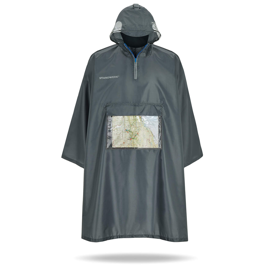 STANDWERK Regenponcho mit einzigartiger Navigationstasche und Sichtfenster fürs Wandern - Regencape