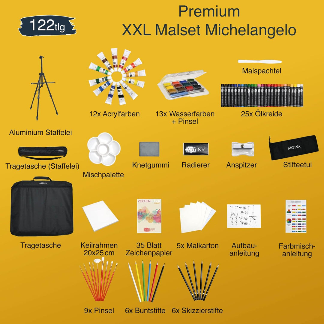 Artina 122tlg XXL Malset mit Staffelei Michelangelo – Künstler Set Acryl &amp; Zeichenset – Buntstifte,