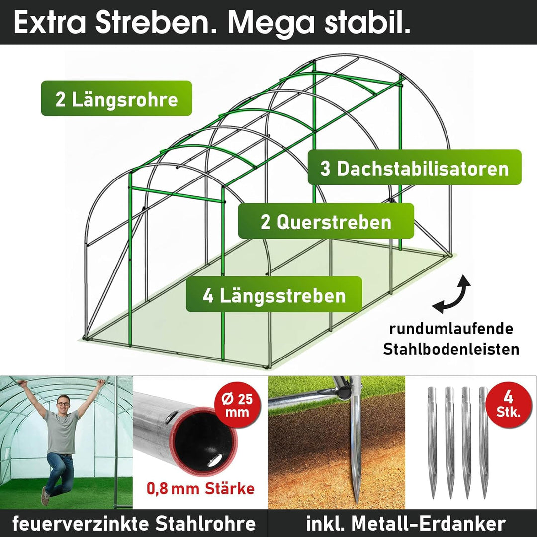 BRAST® Gewächshaus Foliengewächshaus mit Stahlfundament 200x300 cm Seitenwände aufrollbar Erdanker s