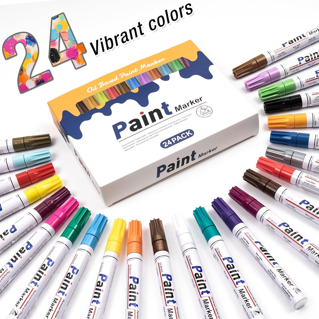 Permanent Marker Bunt Glasmalstifte Wasserfest Set, 24 Farben zum Steine Bemalen Glasstift Lackstift