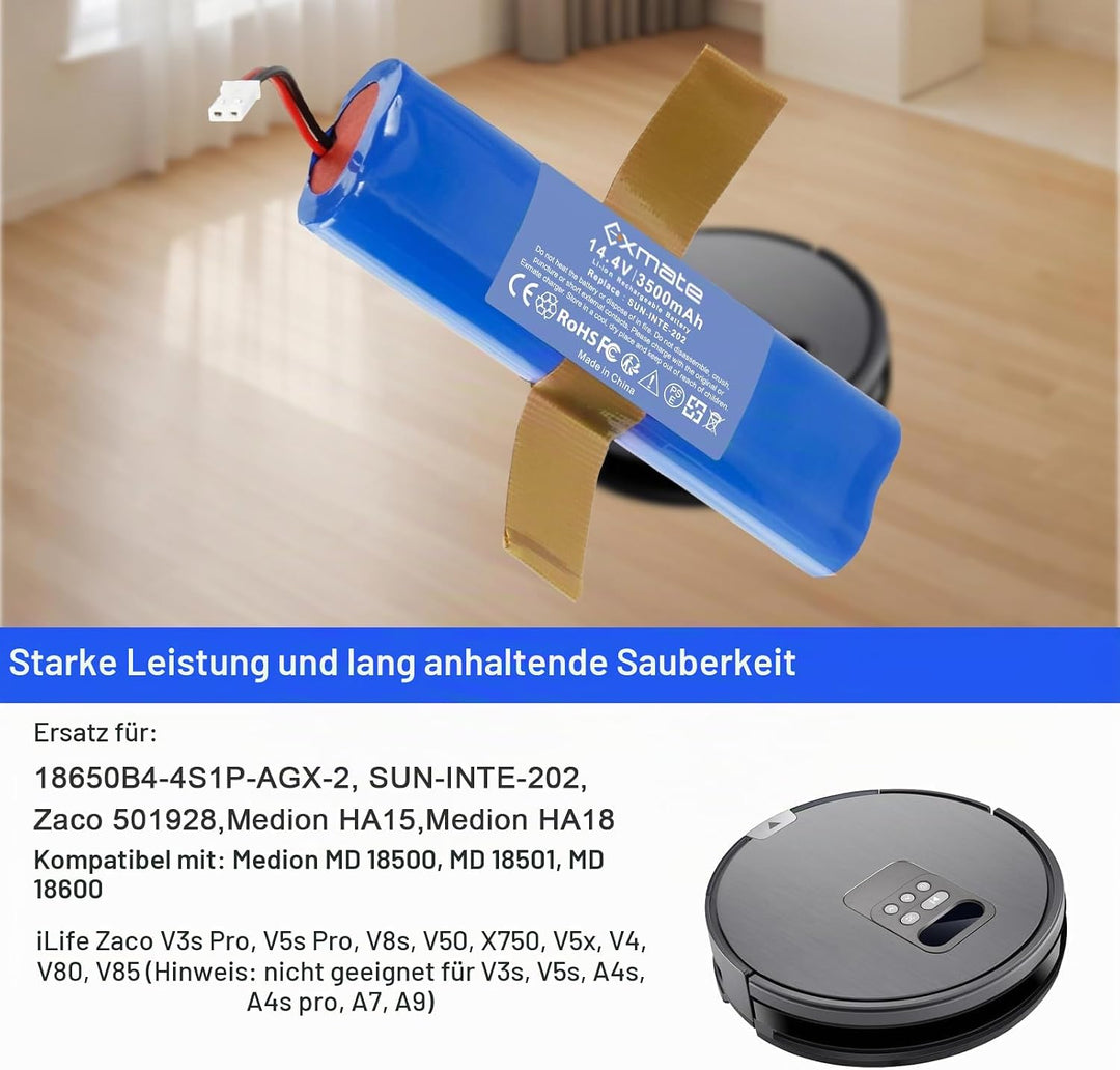 Exmate 14.4V 3500mAh Li-ion akku,Ersatzakku für iLife Zaco V3s Pro,V5s Pro,V8s,V50,X750,Medion MD 18