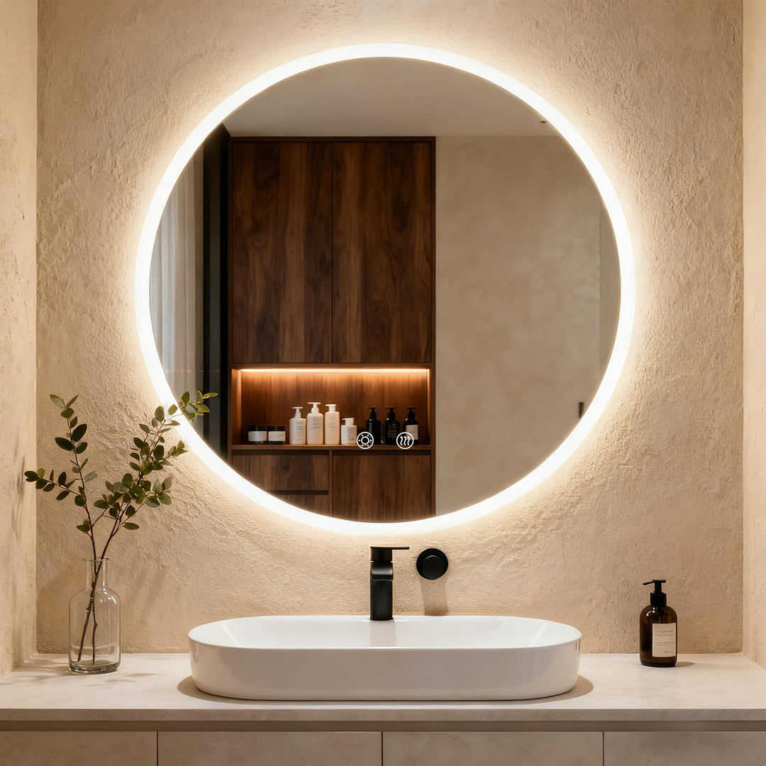 Clevich Badspiegel mit Beleuchtung rund 80 cm, LED Spiegel mit 3 Lichtfarben dimmbar, gehärtetes Gla