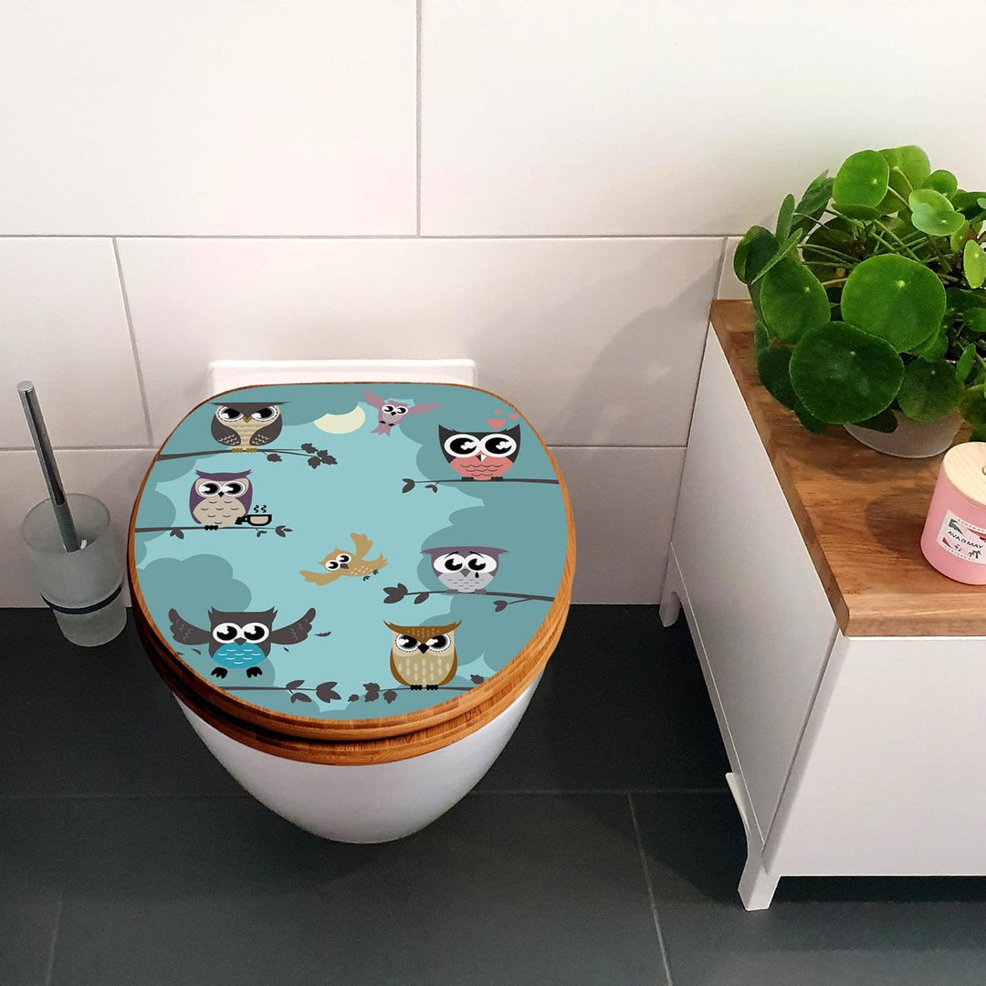 banjado® Design WC Sitz Bambus Absenkautomatik mit Motiv Acht Eulen/Toilettendeckel mit Absenkautoma