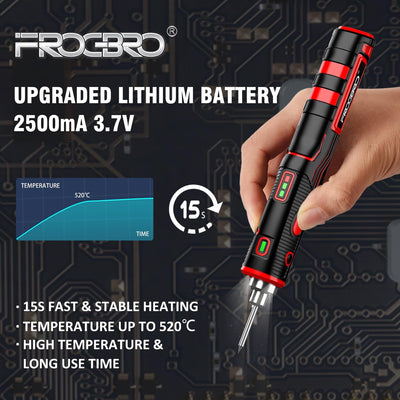 FrogBro Tragbarer Akku Lötkolben Verbesserter 11Watt LD006A-Pro 2500mAh Max 520°C, Hohe Kapazität un