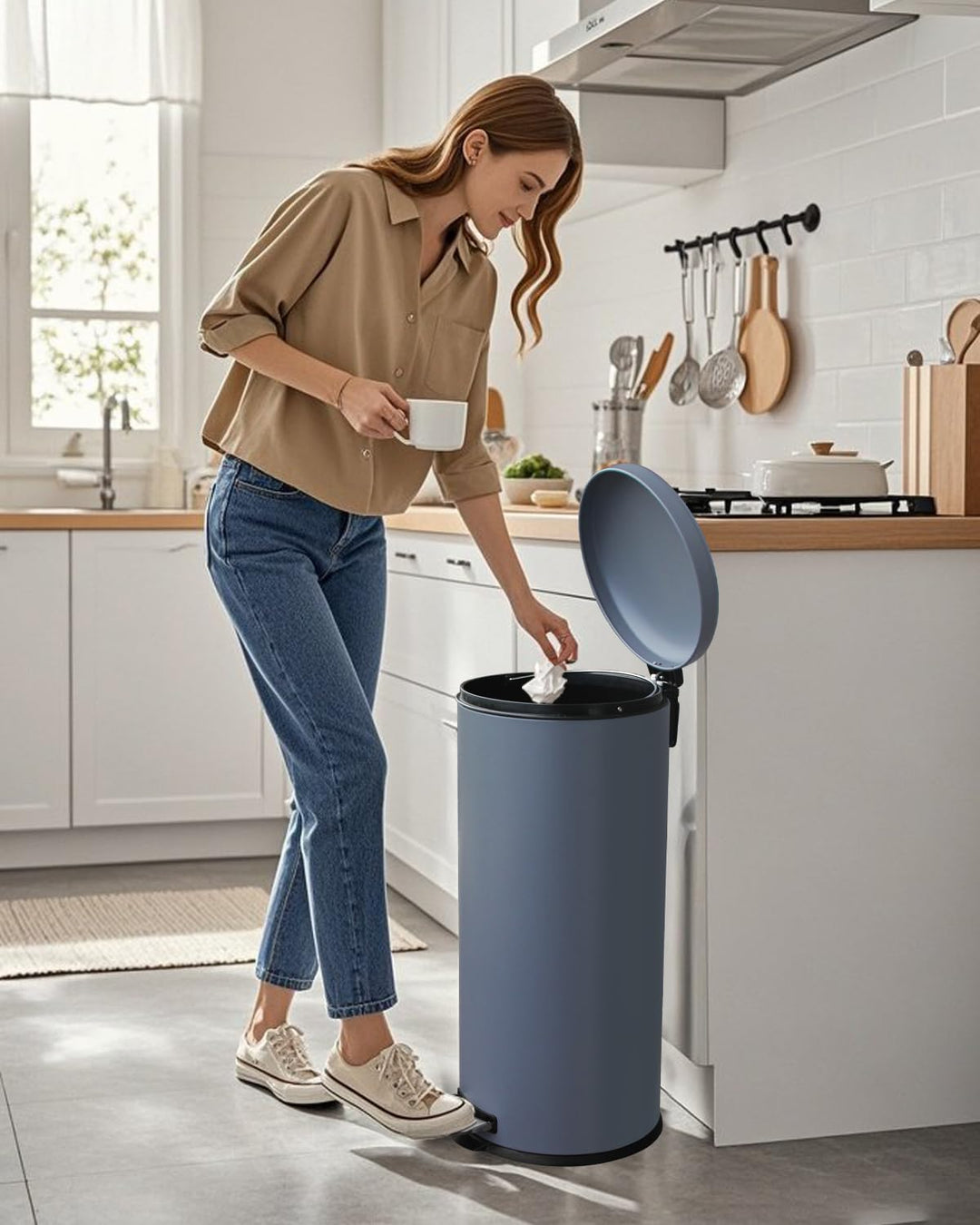 Mülleimer 30 L Treteimer mit Softclose-Deckel, Abfalleimer 30 Liter mit Fusspedal, Rund Mülleimer mi