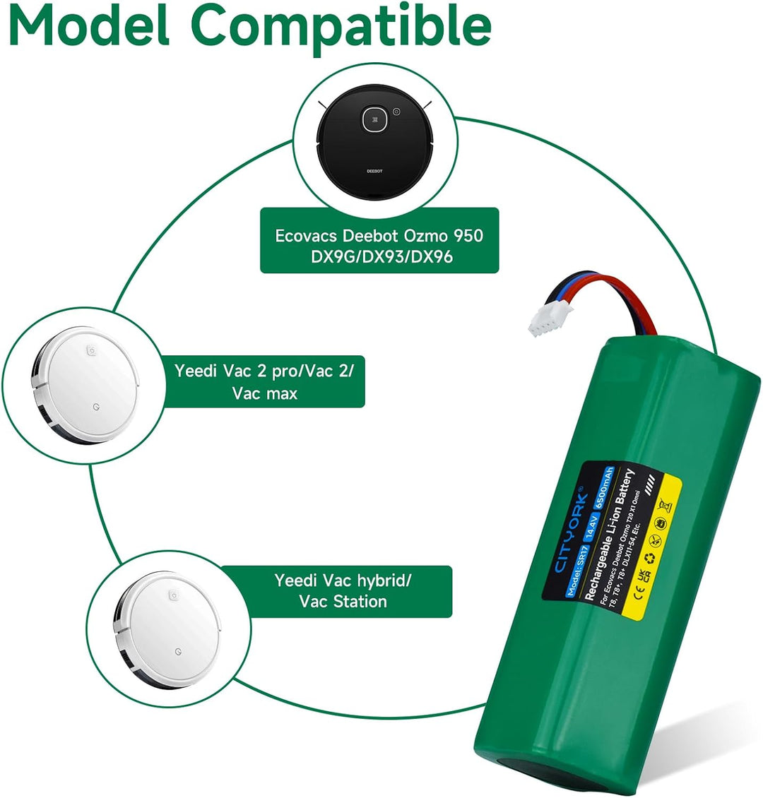 CITYORK Li-ion 6500mAh Ersatz Akku für Yeedi Vac 2 pro/Vac 2/Vac max, Akku für Ecovacs Deebot Ozmo 9