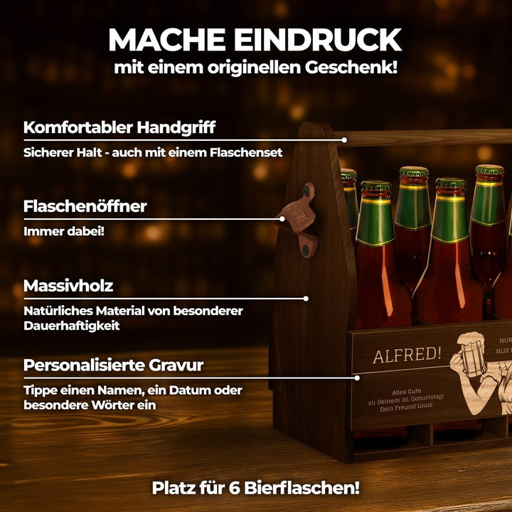 Murrano Bierträger für 6 Flaschen 0,5L mit Gravur - Männerhandtasche mit Flaschenöffner - Grösse: 25