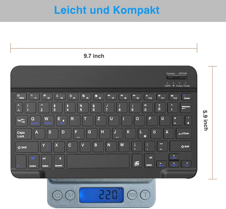 Kabellose Bluetooth Tastatur & Maus mit Elefonhalter, Ultraflache drahtlose Tastatur (Deutsches QWER