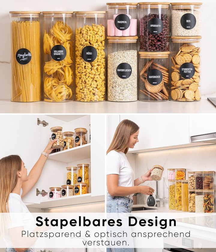 Deco haus® Vorratsgläser mit Deckel luftdicht + Etiketten [8er KOMBI SET] - Für Müsli, Cornflakes, M