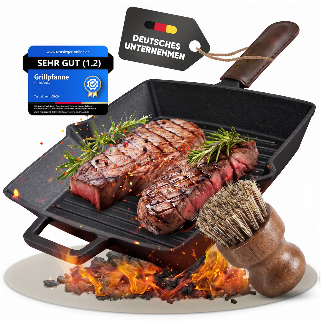 Grillpfanne Gusseisen 26 cm emailliert, voreingebrannt [Kein Einbrennen erforderlich], Steakpfanne g