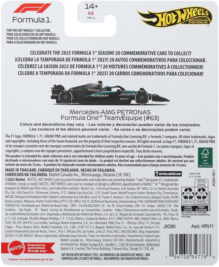 Hot Wheels Formel 1 Premium Die-Cast-Spielzeugauto im Massstab 1:64 Sammelspielzeug-Rennauto mit Rea