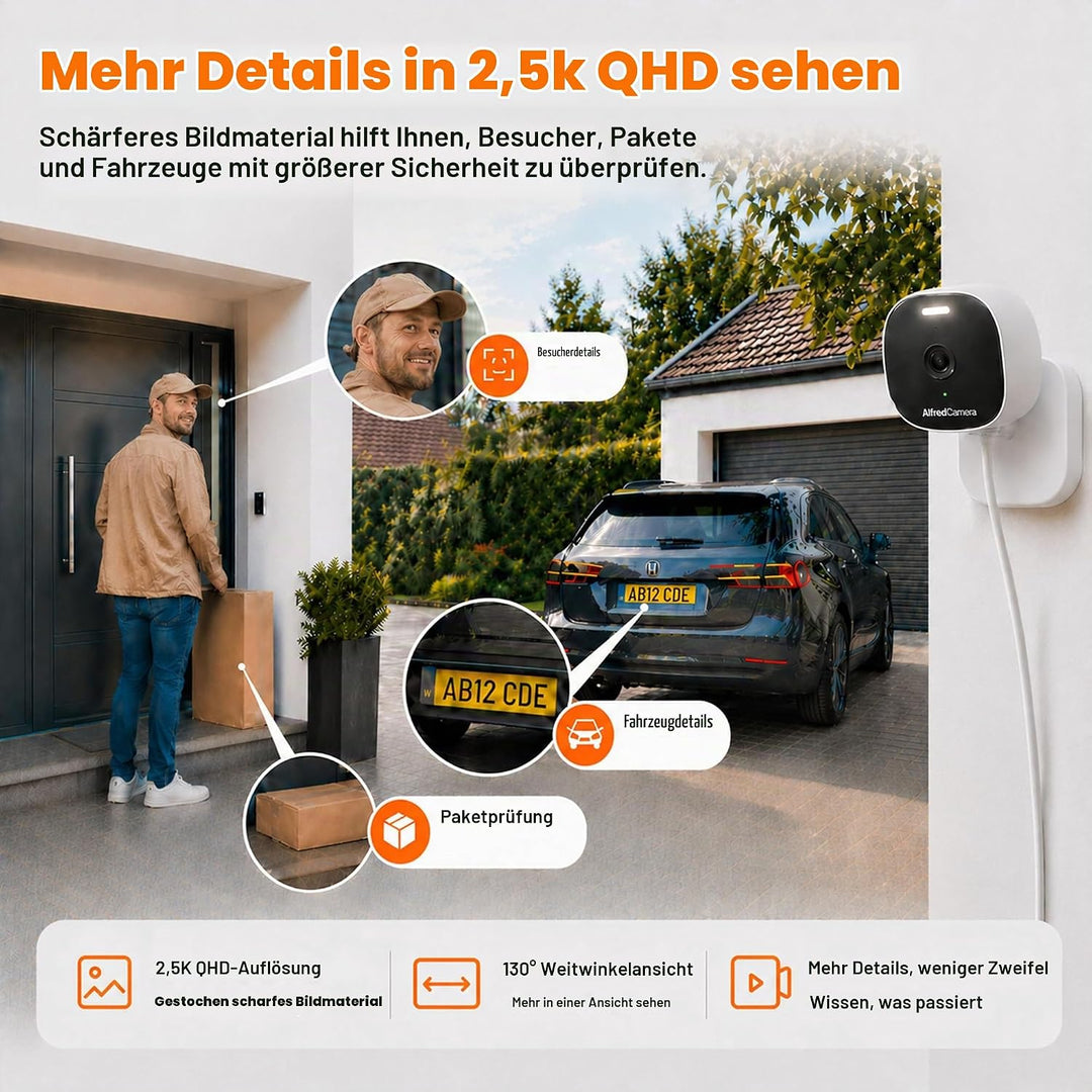 AlfredCam Plus 2 Überwachungskamera Aussen, 2.5K 4MP, Farb-Nachtsicht, LED-Scheinwerfer, IP65 wetter