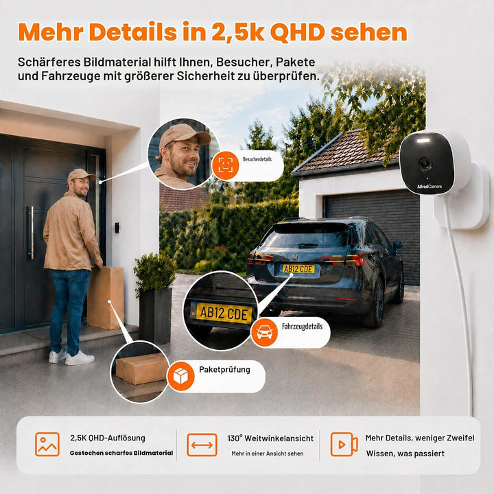 AlfredCam Plus 2 Überwachungskamera Aussen, 2.5K 4MP, Farb-Nachtsicht, LED-Scheinwerfer, IP65 wetter