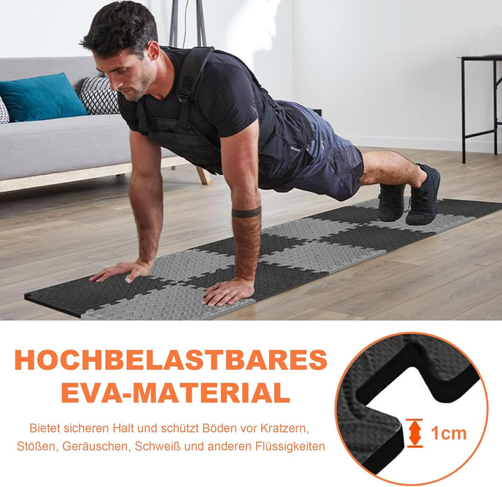 16PCS Bodenschutzmatten Sportgeräte-Matten 50X50X1cm mit Randstücken, 5㎡ rutschfest Eva Fitnessmatte