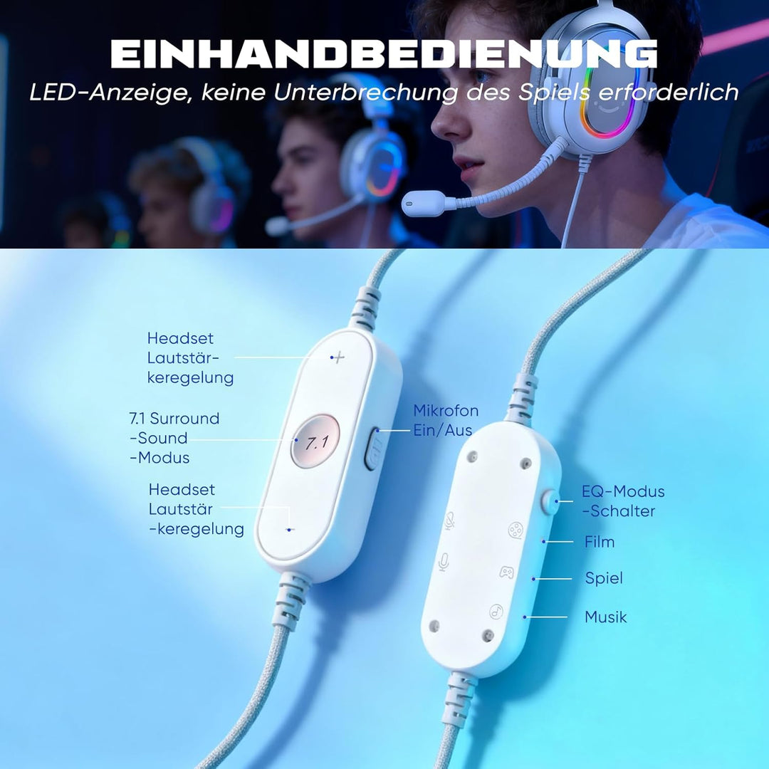 FIFINE Gaming Headset mit Mikrofon, Over Ear Kopfhörer mit Kabel, USB Headset für PC PS4 PS5, RGB He