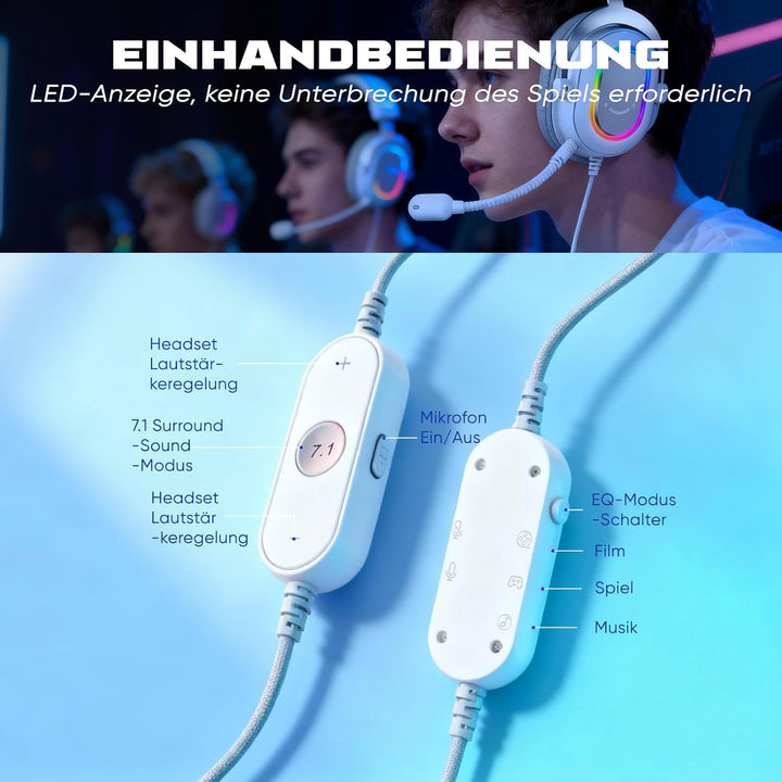FIFINE Gaming Headset mit Mikrofon, Over Ear Kopfhörer mit Kabel, USB Headset für PC PS4 PS5, RGB He