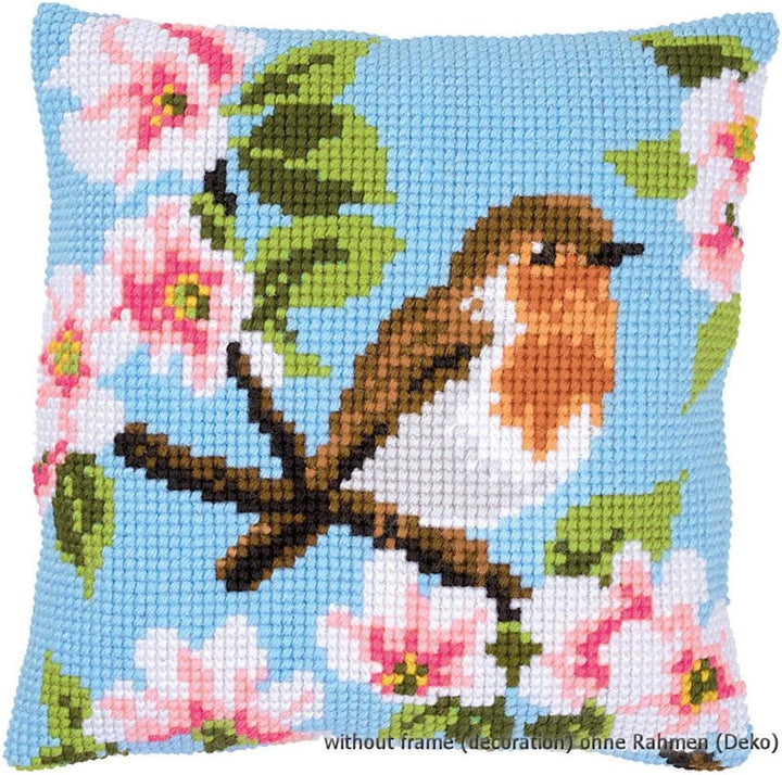 Vervaco PN-0162393 Rotkehlchen II Kreuzsichkissen vorbedruckt, Baumwolle, mehrfarbig, 40 x 40 cm