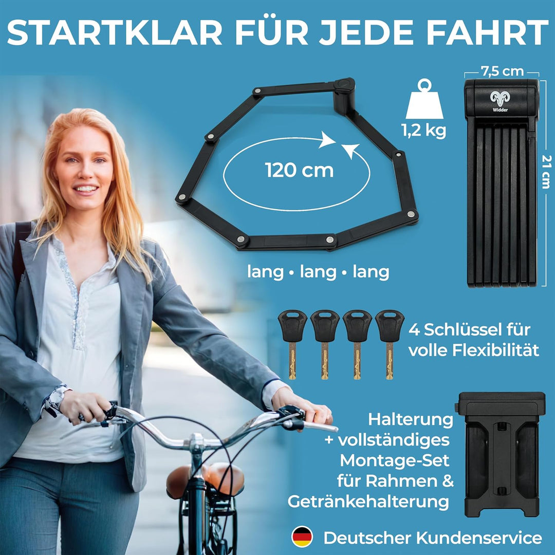 Widder Sehr sicheres Fahrradschloss Faltschloss 120cm mit 4 Schlüsseln | Faltschloss Fahrrad mit Hal