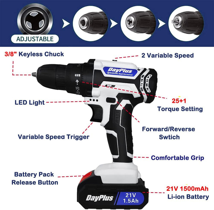 Akku Bohrschrauber Set mit 1 Akku, 45Nm Akku Bohrer, 25+1 Drehmomentstufen, 10mm Bohrfutter, LED-Lic